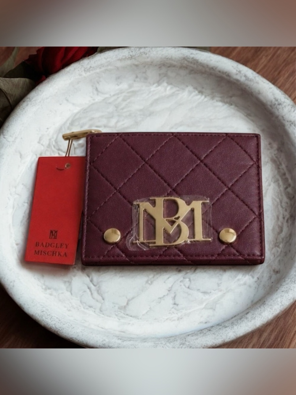 Badgley Mischka Plum Vegan Leather Card Wallet with coin zipper & Gold-Tone Snap
